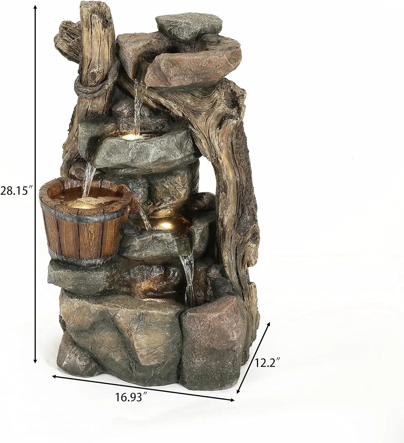 Resin Stacked Rock Wall And Barrel Outdoor Fountain With LED Lights