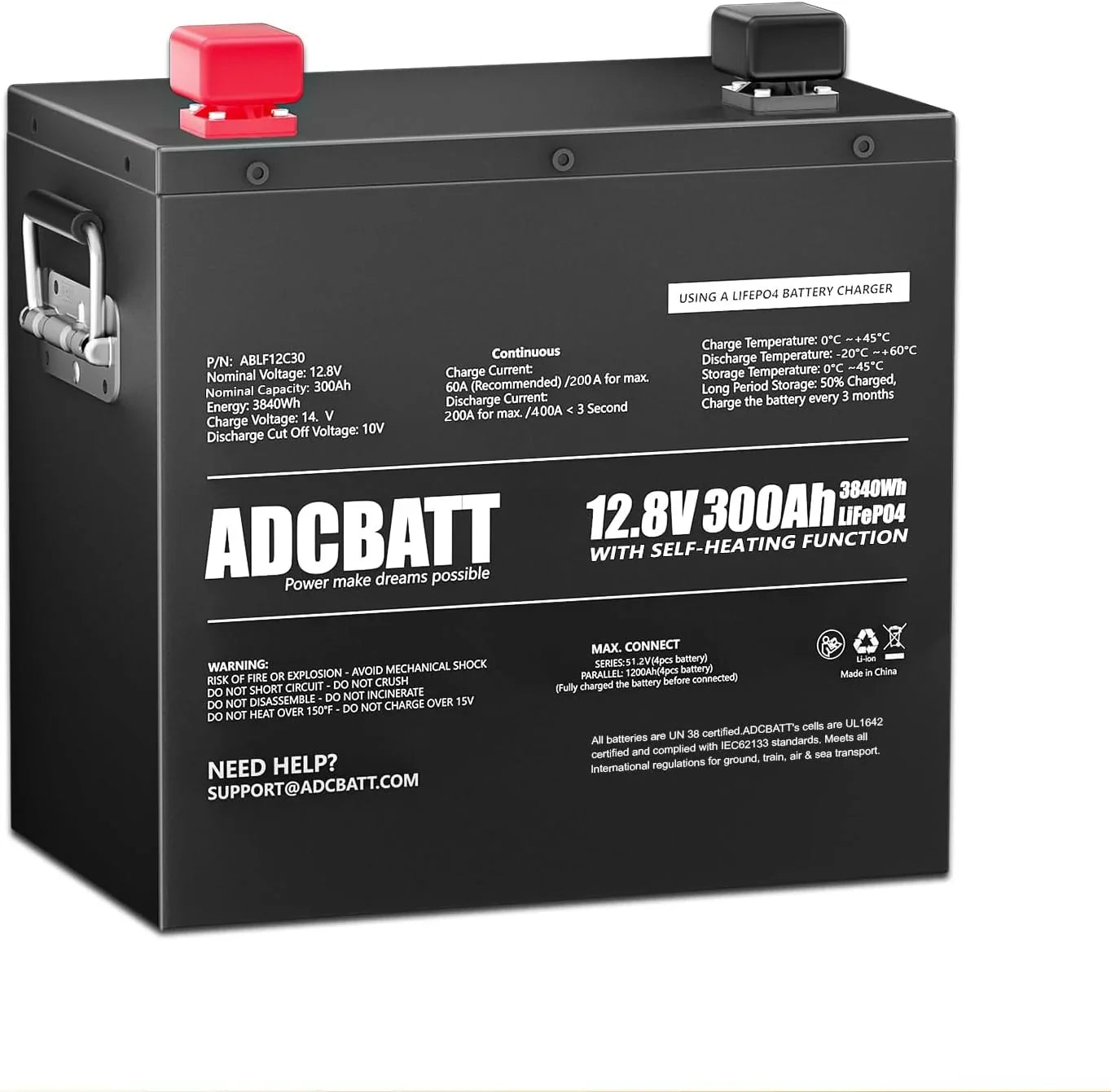 Adcbatt 12V 300Ah LiFePO4 Battery with Self Heating and Metal Case for RV, Trolling Motor, off-Grid