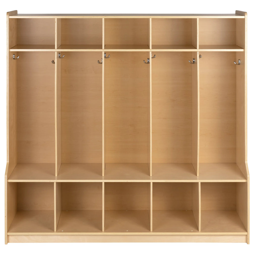 BizChair Wooden 5 Section School Coat Locker with Bench, Cubbies, and Storage Organizer Hook-Safe, Kid Friendly Design - 48"H x 48"L (Natural)