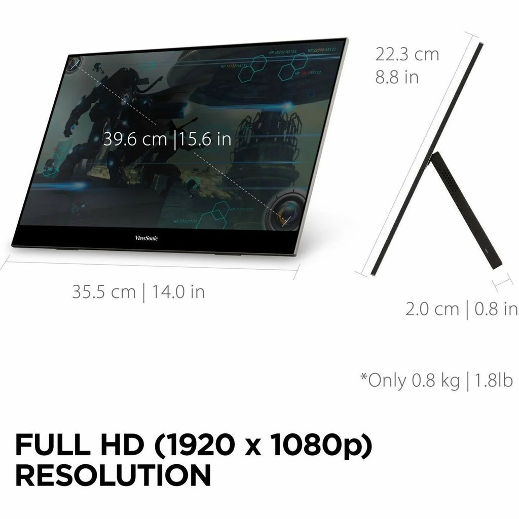 ViewSonic VX1655 15.6 Inch 1080p FHD Portable LED IPS Monitor with 2 Way Powered 60W USB C, Mini HDMI, Dual Speakers, and Built in Stand with Tripod mount