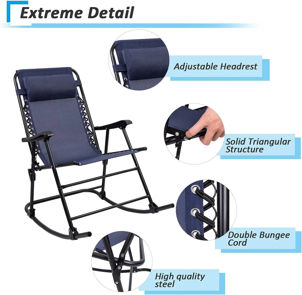 Patio Rocking Chair Outdoor Wide Recliner Portable Lounge Chair Folding With Headrest For Camping Fishing Beach Poolside(Blue)