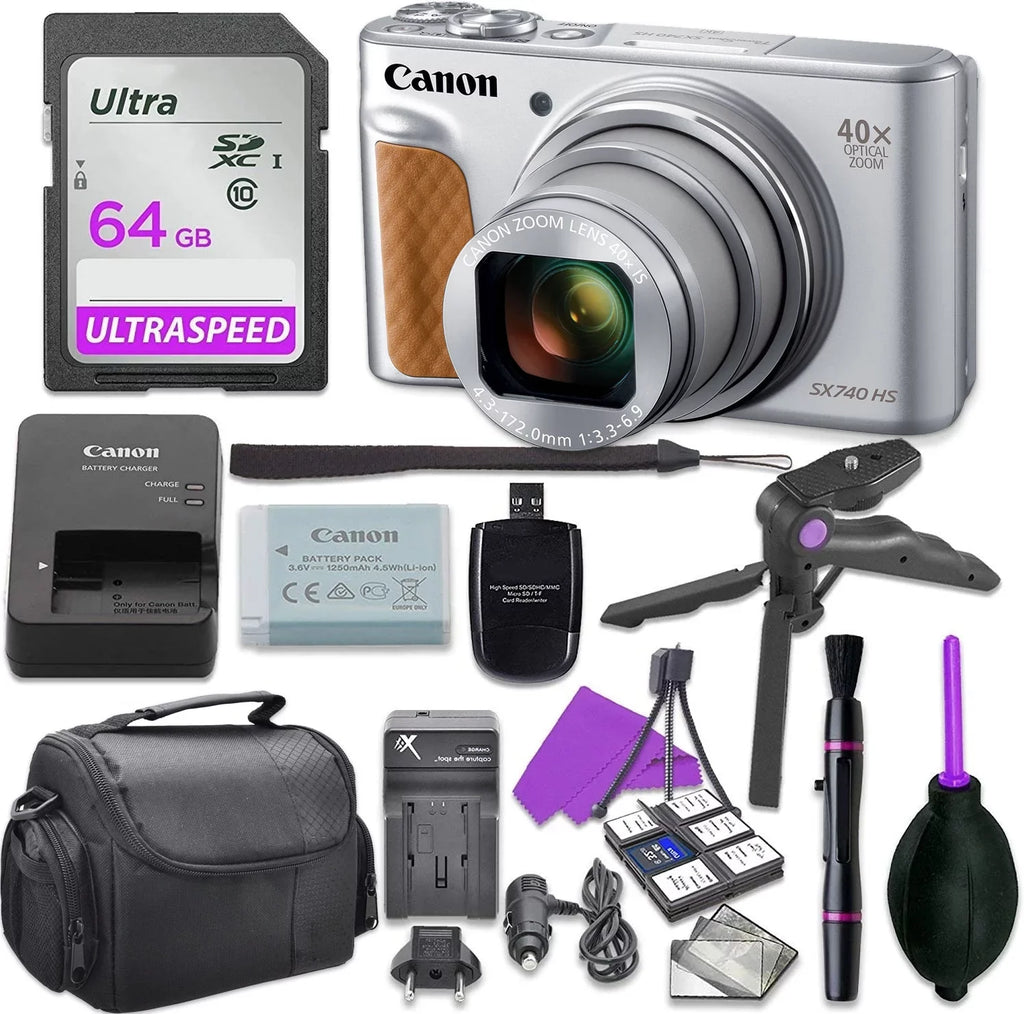 Canon PowerShot SX740 Digital Camera Bundle (Silver) with Tripod Hand Grip , 64GB SD Memory , Case and More
