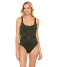 LAUREN Ralph Lauren Beach Club Solid Belted Lingerie One-Piece Olive 14