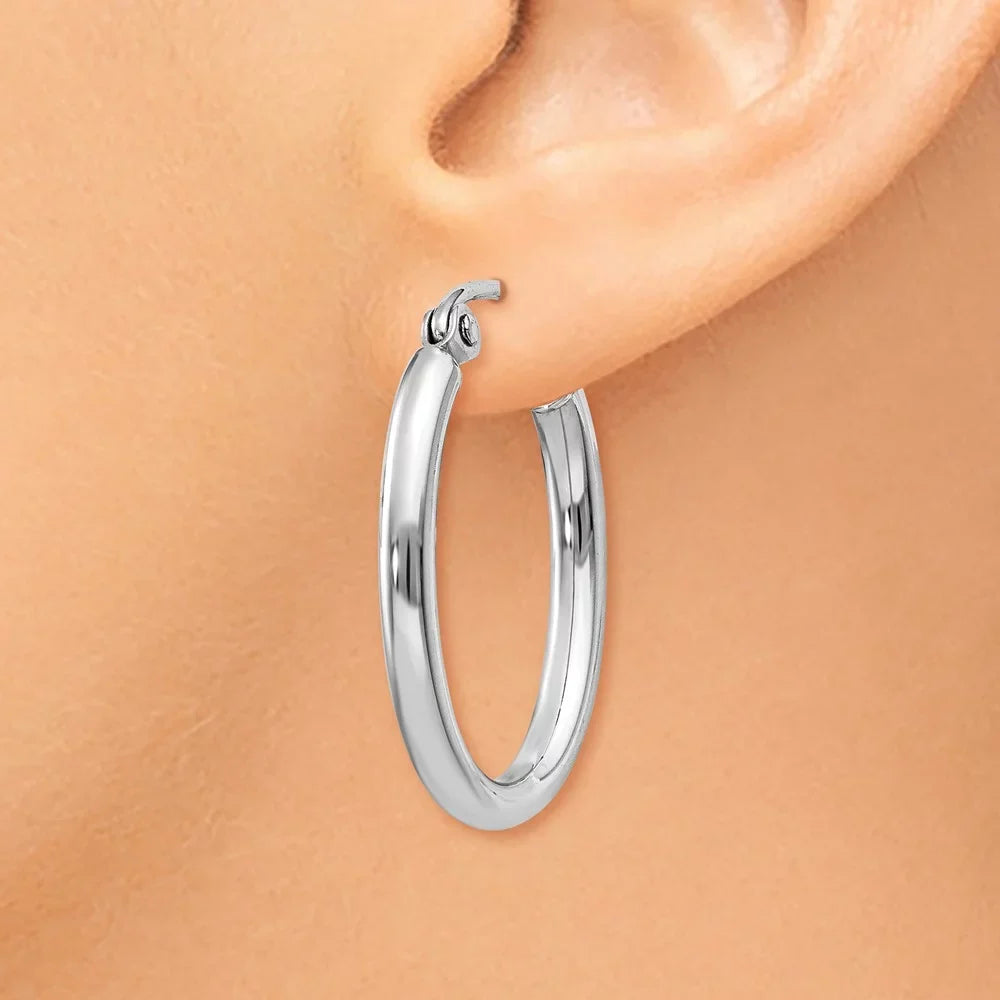 Real 14kt White Gold Polished 2mm Oval Tube Hoop Earrings; for Adults and Teens; for Women and Men