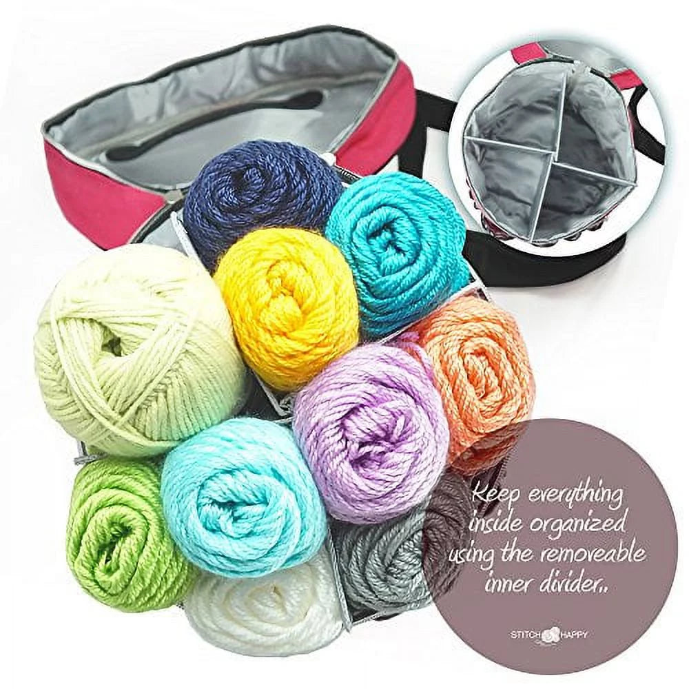 Knitting Bag - Yarn Tote Organizer w/Tool Case, 7 Pockets + Divider for Extra Storage of Projects, Supplies & Crochet (Fuchsia) by Stitch Happy