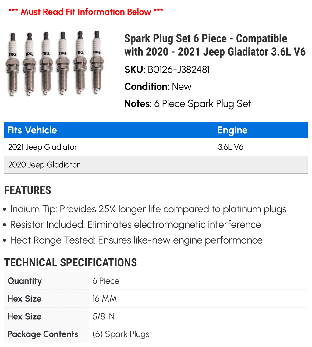 Spark Plug Set 6 Piece - Compatible with 2020 - 2021 Jeep Gladiator 3.6L V6