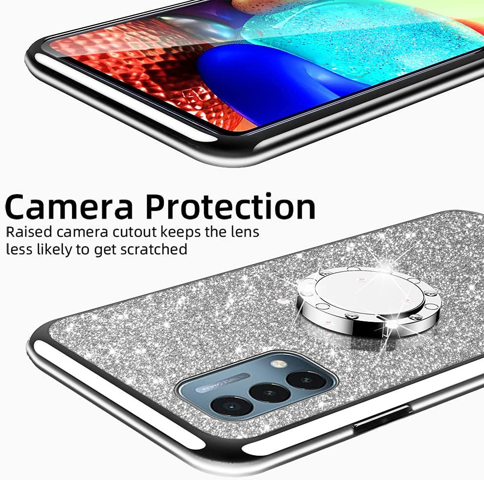 nancheng for Oneplus Nord N200 5G case Glitter Luxury Cute Silicone TPU Phone Case for Women Girls with Kickstand, Bling Diamond Rhinestone Bumper Ring Stand Slim Case for 1+Nord N200 5G (Silver)