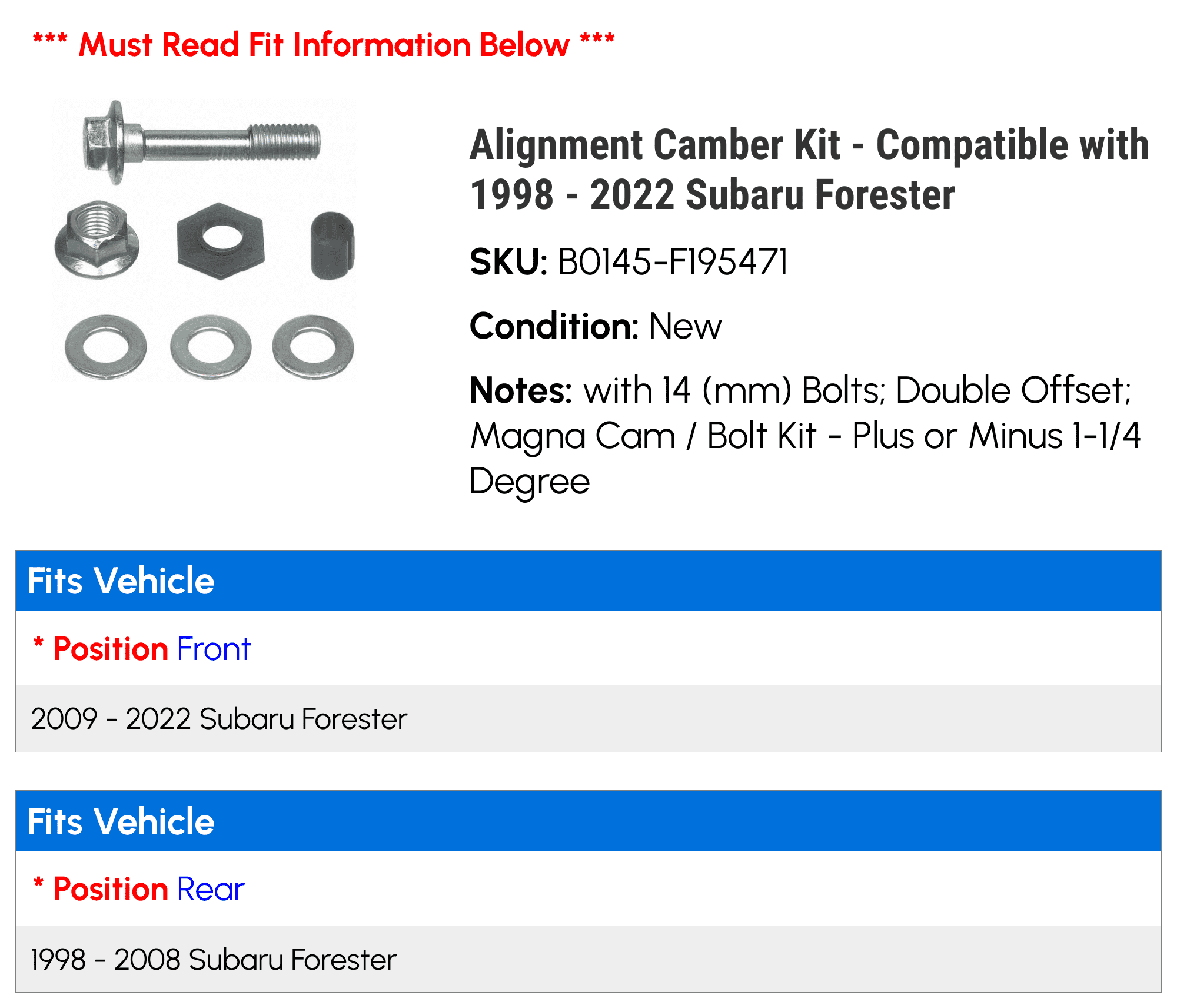 Alignment Camber Kit - Compatible with 1998 - 2022 Subaru Forester 1999 2000 2001 2002 2003 2004 2005 2006 2007 2008 2009 2010 2011 2012 2013 2014 2015 2016 2017 2018 2019 2020 2021