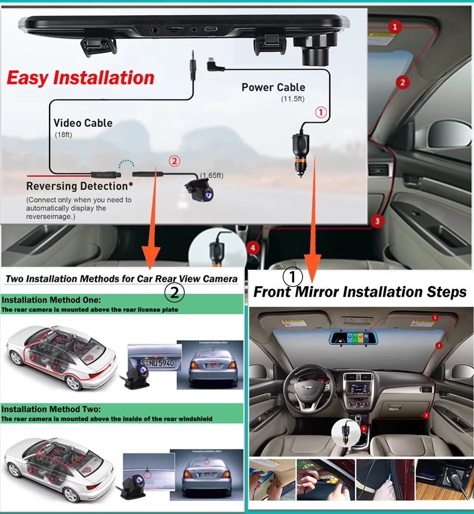 Erago Rear View Mirror Camera, Dash Cam Front and Rear Full Touch Screen  FHD 1080p for Car , Waterproof Backup WDR Camera, Night Vision, G-Sensor, Parking Moniter