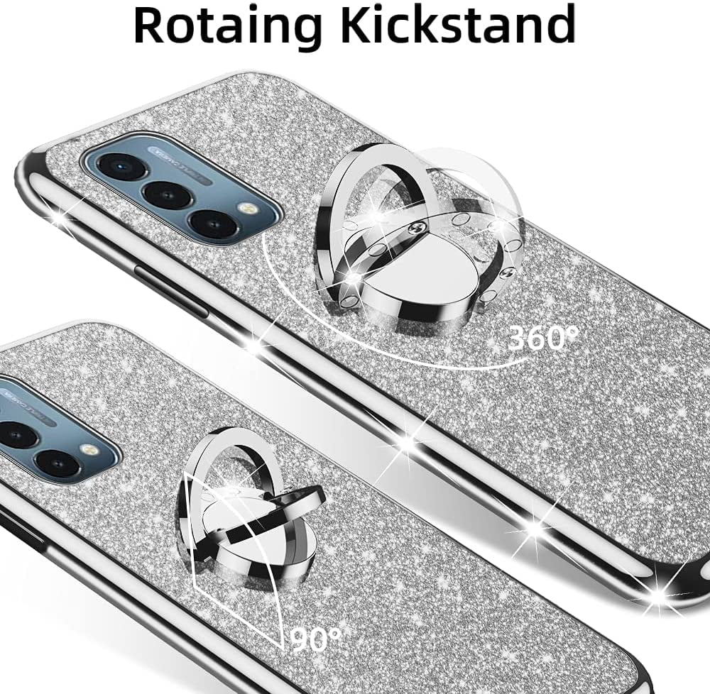 nancheng for Oneplus Nord N200 5G case Glitter Luxury Cute Silicone TPU Phone Case for Women Girls with Kickstand, Bling Diamond Rhinestone Bumper Ring Stand Slim Case for 1+Nord N200 5G (Silver)