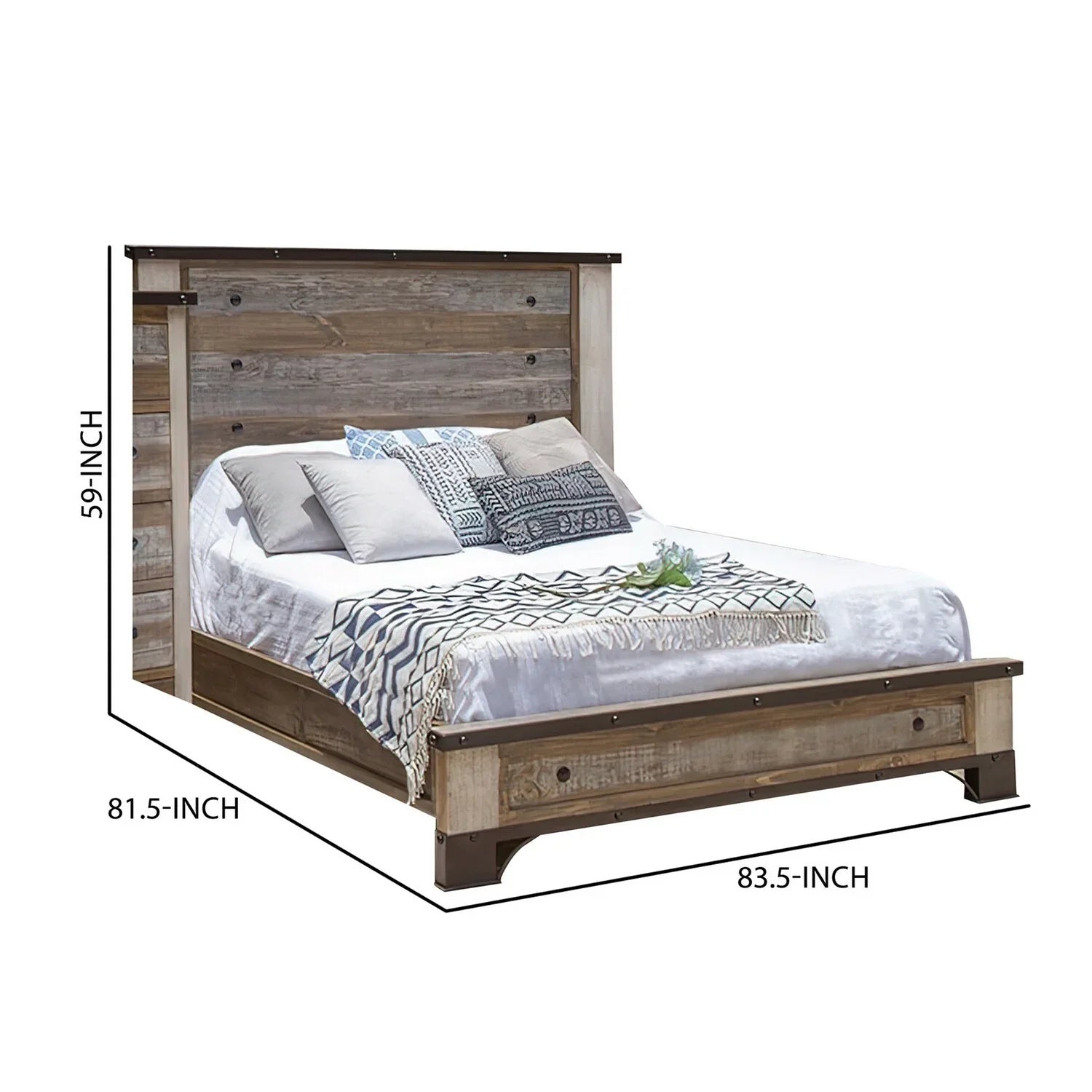 Benjara Fena King Size Bed, Round Black Nailheads, Distressed Wood Multicolor Brown