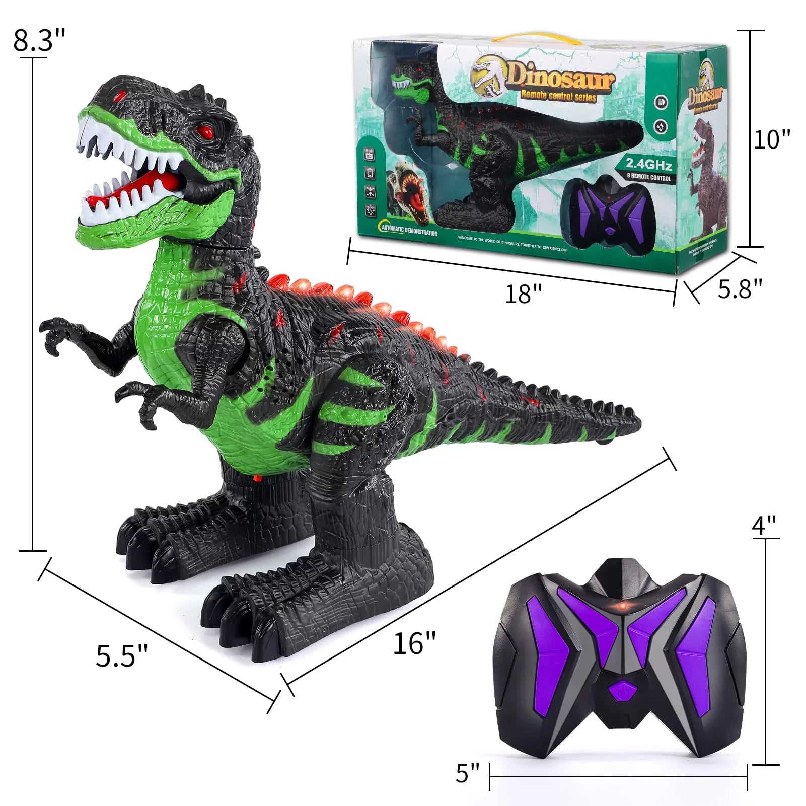 UUGEE Remote Control Dinosaur Toys for Boys Girls 2.4G RC Robot T-rex with Light Sound, Black