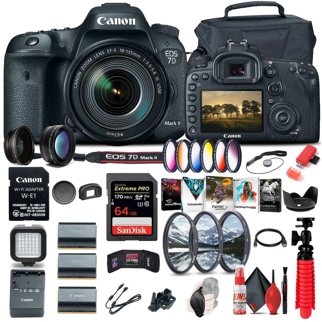 Canon EOS 7D Mark II DSLR Camera W/ 18-135mm f/3.5-5.6 IS USM Lens & W-E1 + More