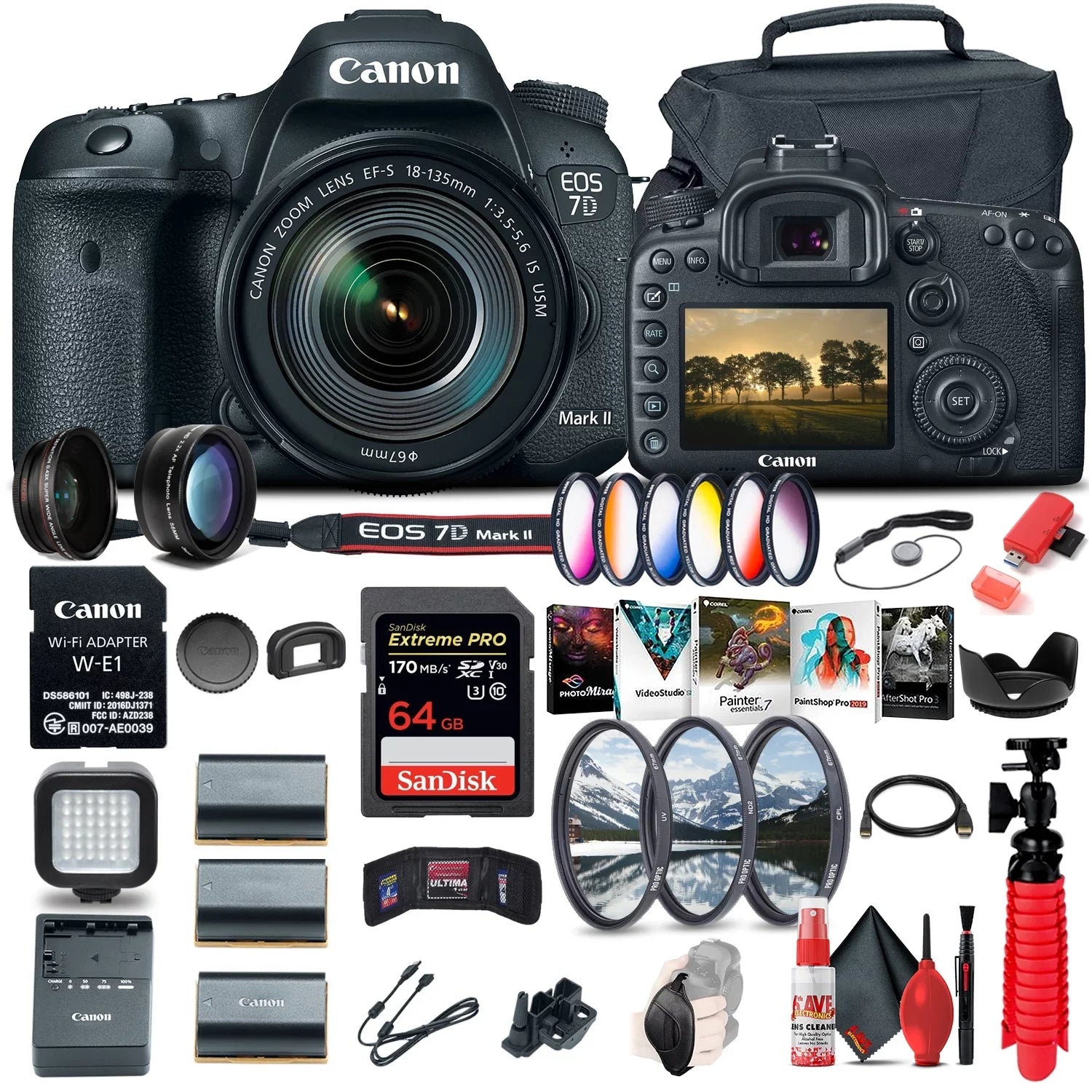 Canon EOS 7D Mark II DSLR Camera W/ 18-135mm f/3.5-5.6 IS USM Lens & W-E1 + More