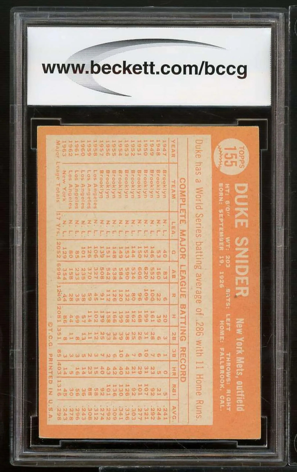 1964 Topps #155 Duke Snider Card BGS BCCG 8 Excellent+