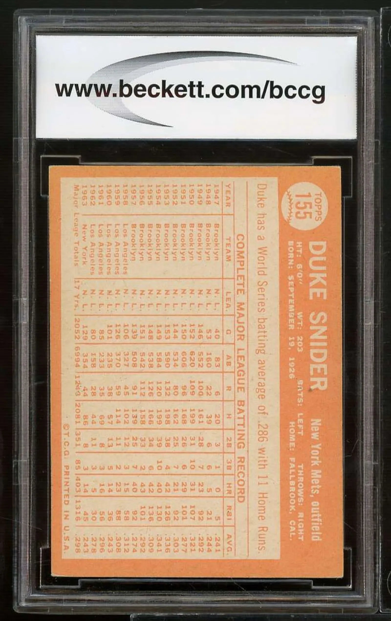 1964 Topps #155 Duke Snider Card BGS BCCG 8 Excellent+