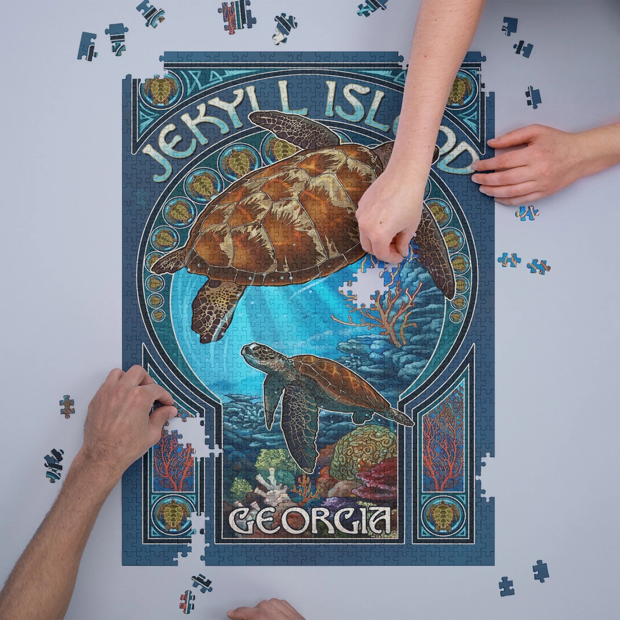 Jekyll Island, Georgia, Sea Turtle Art Nouveau (1000 Piece Puzzle, Size 19x27, Challenging Jigsaw Puzzle for Adults and Family, Made in USA)
