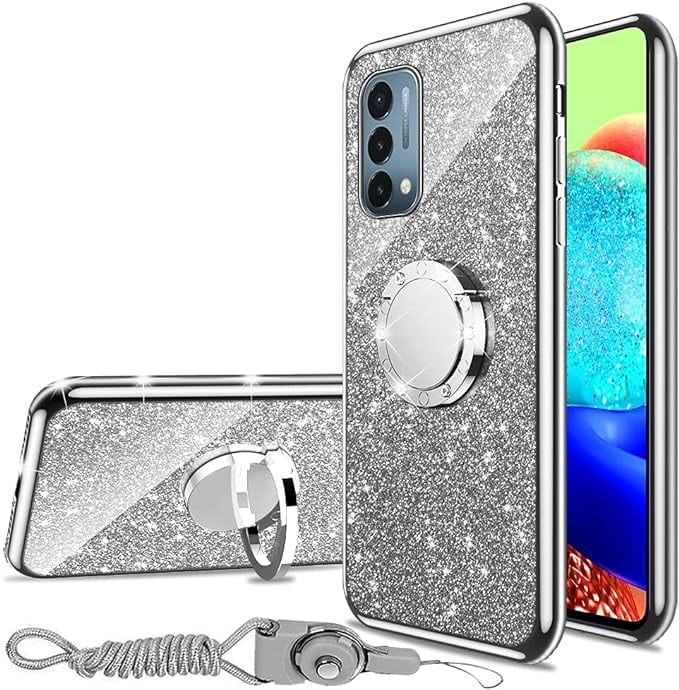 nancheng for Oneplus Nord N200 5G case Glitter Luxury Cute Silicone TPU Phone Case for Women Girls with Kickstand, Bling Diamond Rhinestone Bumper Ring Stand Slim Case for 1+Nord N200 5G (Silver)