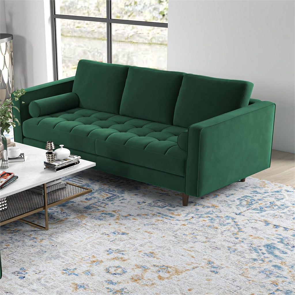 Tahir Mid-Century Pillow Back Velvet Sofa Set in Green