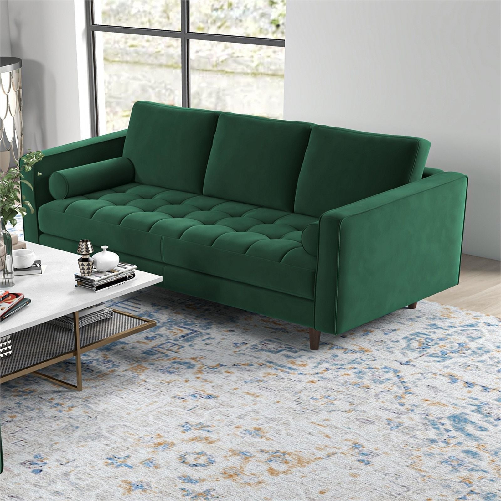 Tahir Mid-Century Pillow Back Velvet Sofa Set in Green