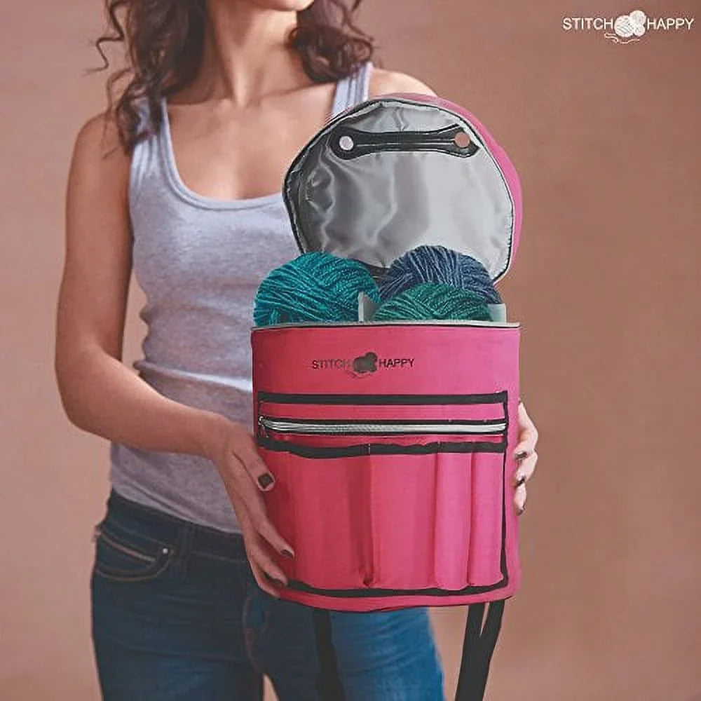 Knitting Bag - Yarn Tote Organizer w/Tool Case, 7 Pockets + Divider for Extra Storage of Projects, Supplies & Crochet (Fuchsia) by Stitch Happy