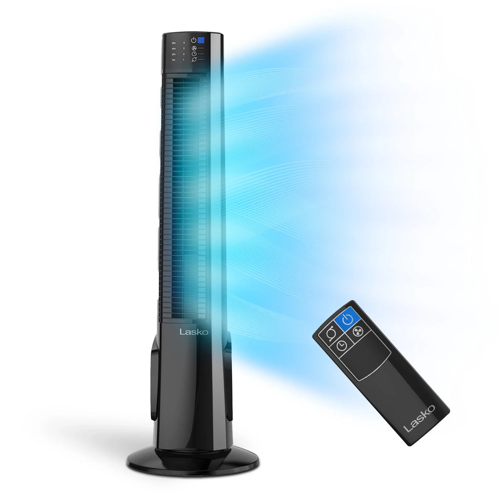 Lasko 38" 4-Speed Hybrid Tower Fan with Timer, Remote Control, Black/Silver, T38415, New