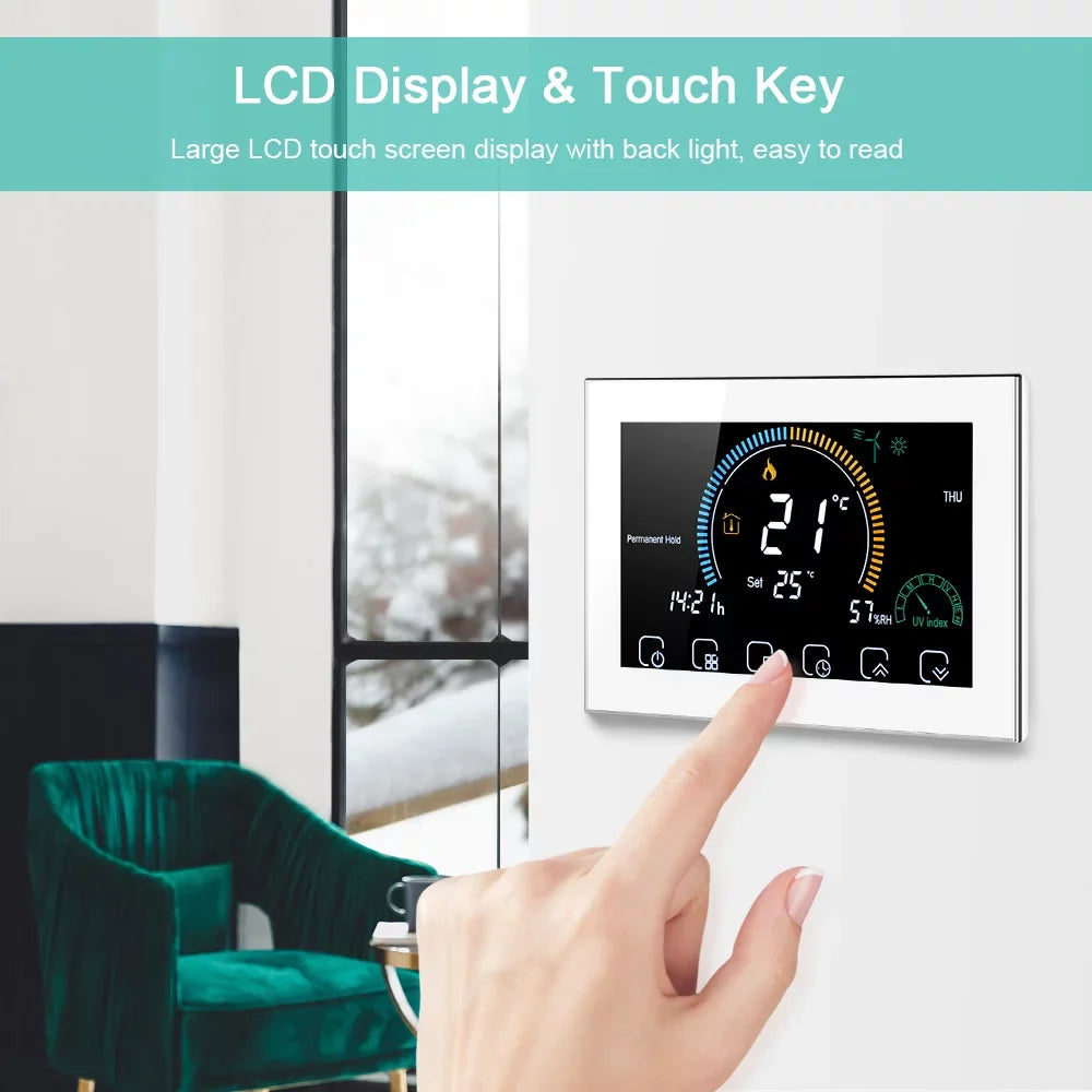 95-240V Smart Programmable 5+1+1 Six Periods Voice APP Control Backlight LCD / Gas Boiler Heating ThermoreguLatitudeor with Index Humidity Display Lock Function Compatible with Echo Home Tma