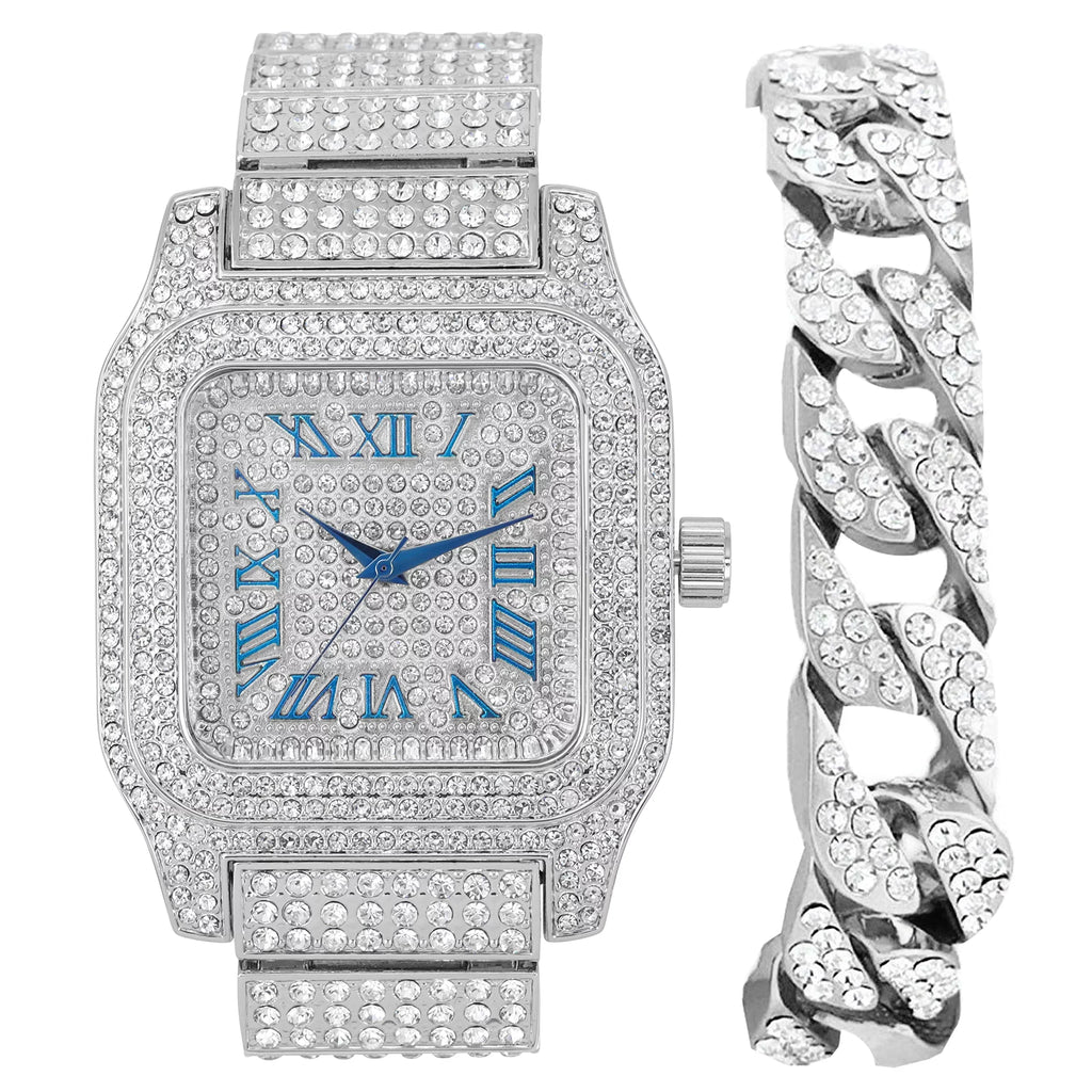 product image Bling-ed Out Biggie Square Iced Gold Hip Hop Watch You Will Hypnotize in a Flashy Way - 0513Sq (Silver Blue R# Cuban)
