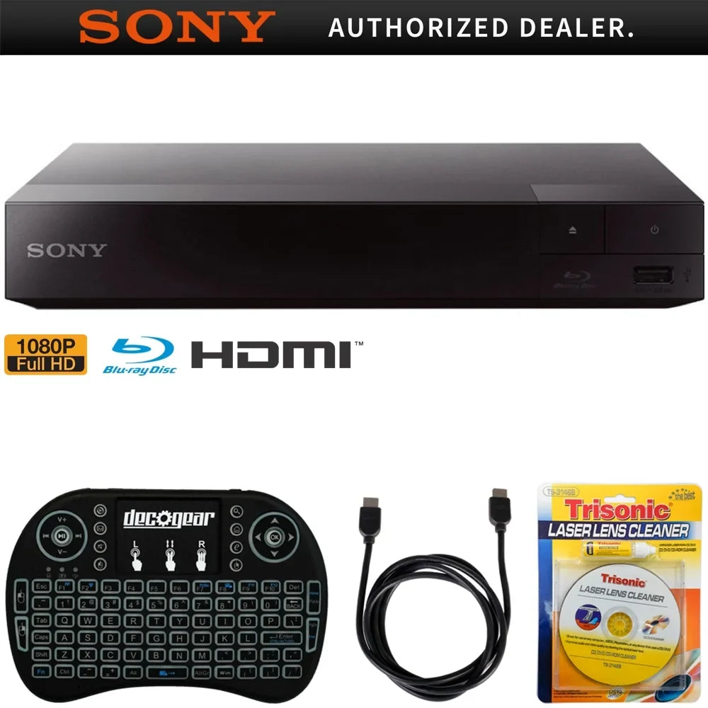 Sony BDP-S1700 Streaming Blu-ray Disc Player w/ Accessories Bundle Includes, 2.4GHz Wireless Backlit Keyboard with Touchpad, 6ft HDMI Cable and Laser Lens Cleaner for DVD/CD Players