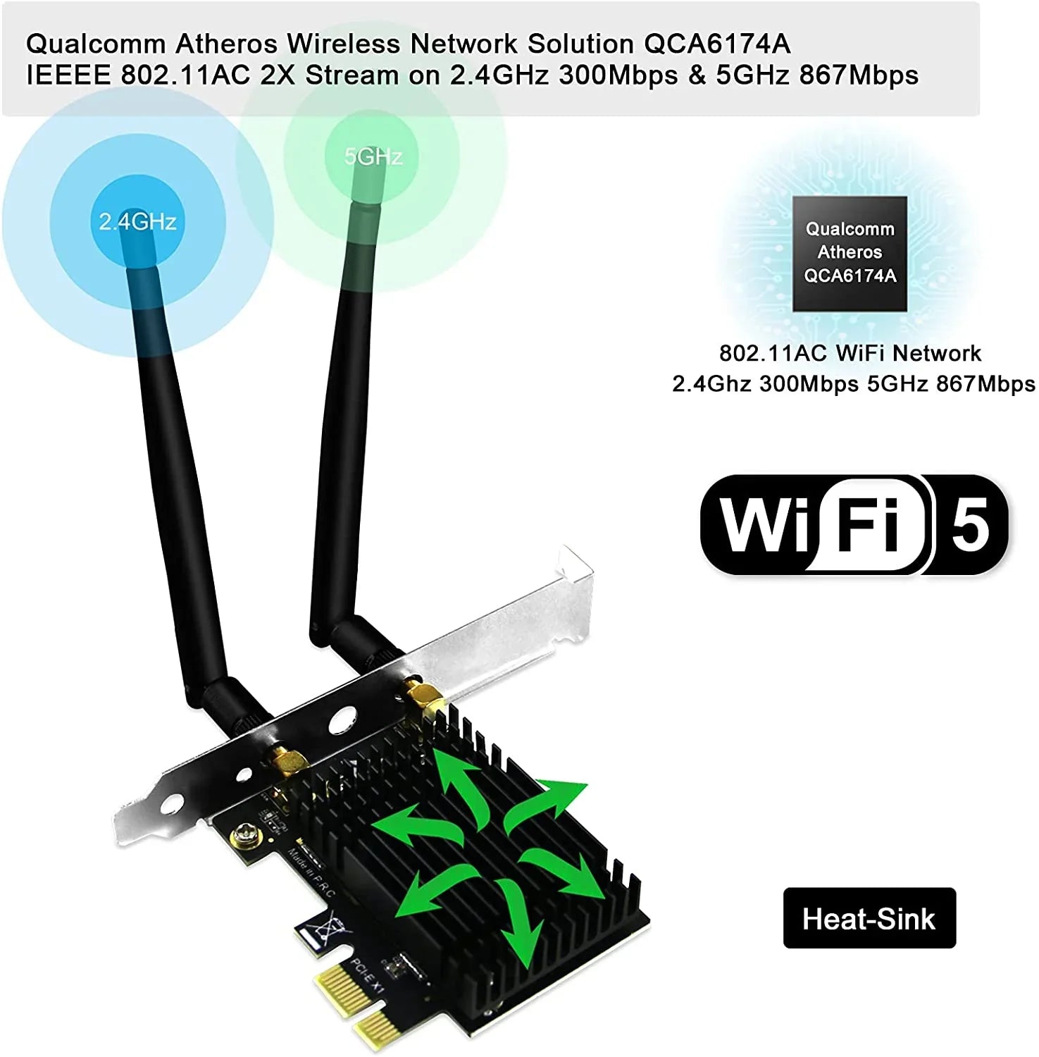 Wireless AC Dual Band 1200Mbps 2.4GHz 300Mbps 5GHz 867Mbps PCI Express WiFi Card for Windows 7 8 8.1 10 Server (32/64bit) Desktop PCs-TX Beamformee,MU-MIMO and Heatsink Technology
