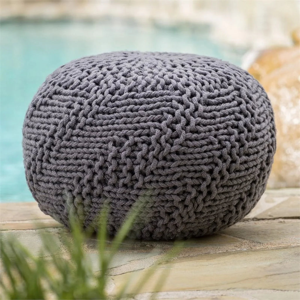 Noble House Aria Handcrafted Modern Fabric Outdoor Weave Pouf in Dark Gray
