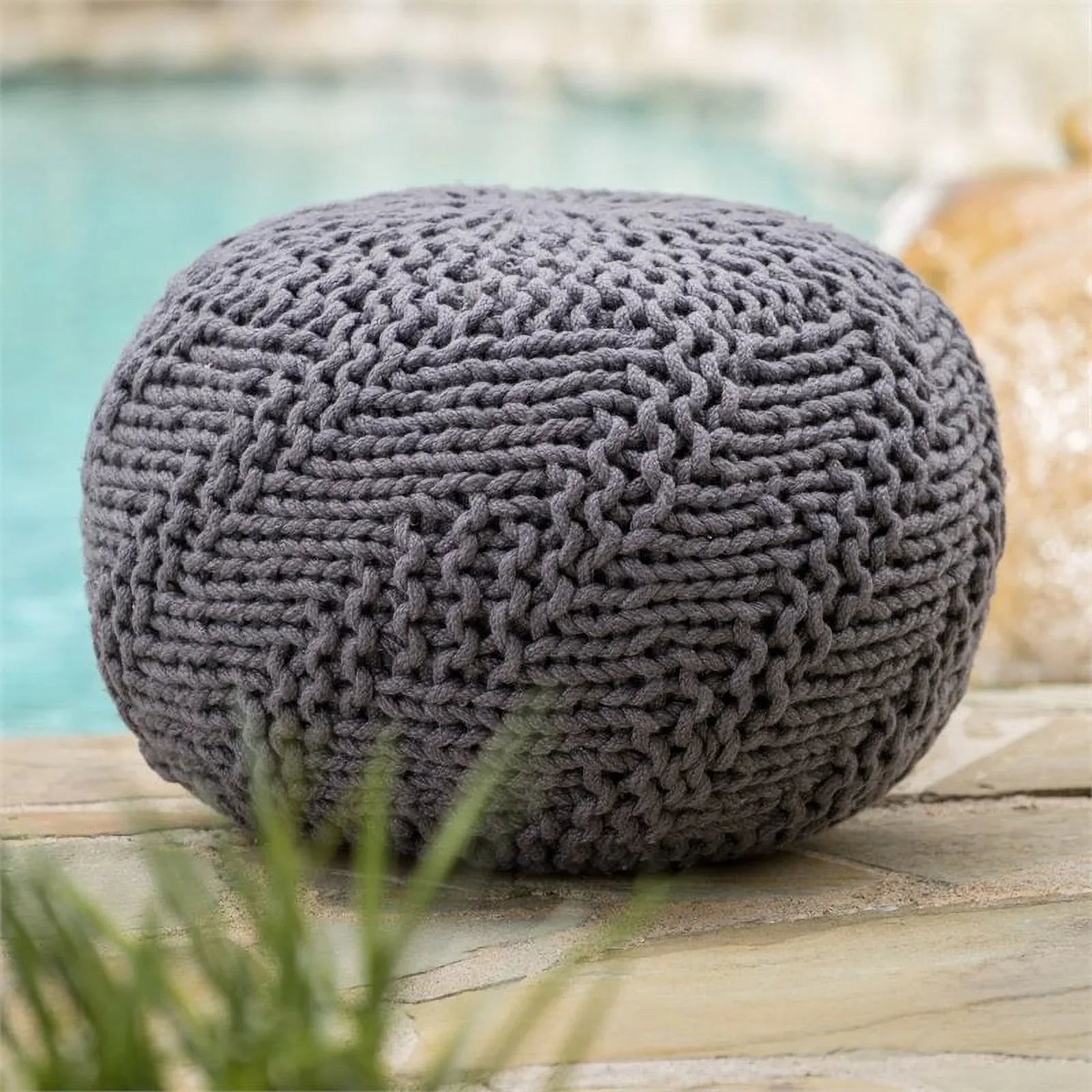 Noble House Aria Handcrafted Modern Fabric Outdoor Weave Pouf in Dark Gray