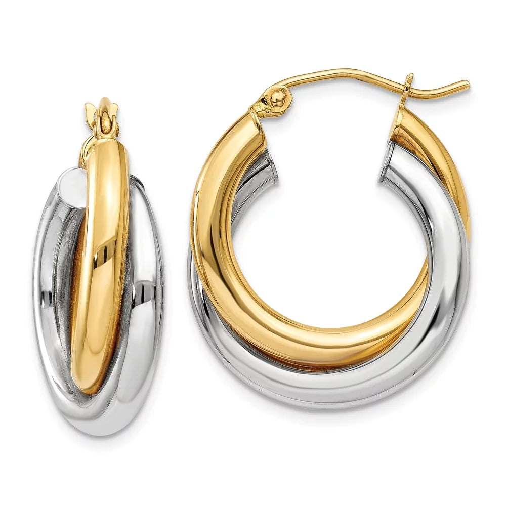 Real 14kt Two-tone Polished Double Tube Hoop Earrings; for Adults and Teens; for Women and Men