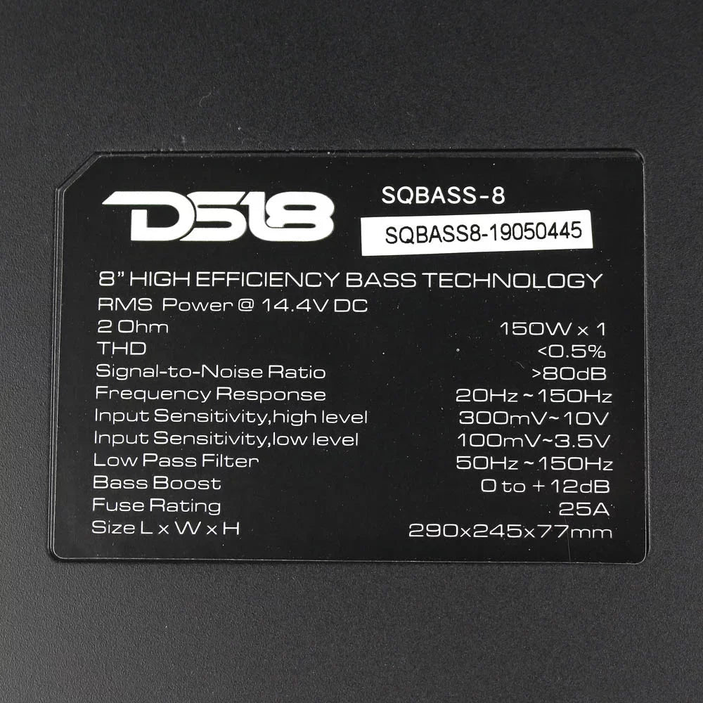 DS18 8" Amplified Subwoofer Slim 2 Ohm 1 x 150 Watts RMS High Efficiency SQBASS