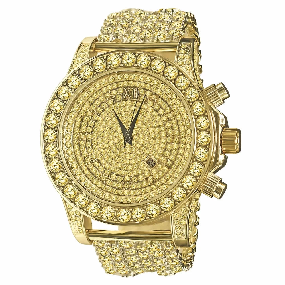 Mens Canary Bling Master Custom Watch Yellow Gold Tone Solitaire SimuLatitudeed Diamonds Iced Out Band