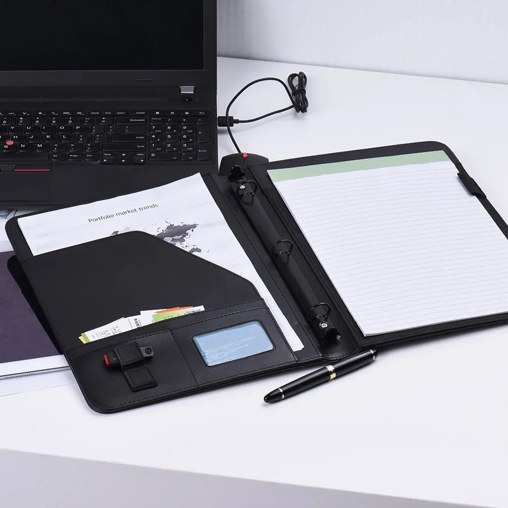 Aibecy Professional Business Portfolio Padfolio Folder Document Case Organizer A4 PU Leather with Business Card U Flash Disk Holder Memo Note Pad Loose- Loop