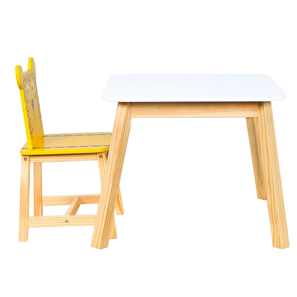 5 Piece Kids Table and Chair Set Toddler Table Cartoon Animals Kids  Wood Table with 4 Chairs Set for Learning Playing Crafts Drawing White