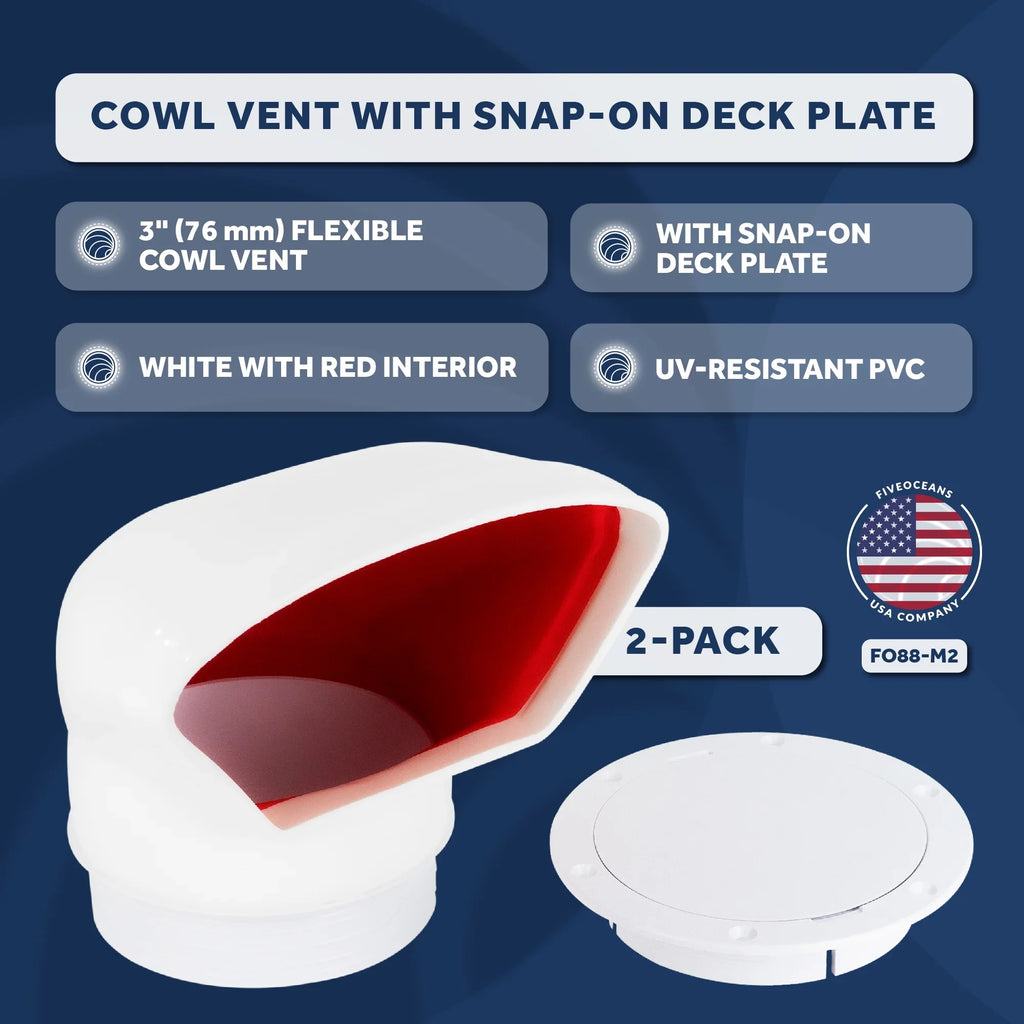 Five Oceans  3-Inch Cowl Vent with Snap-On Deck PLatitudee and Cover, 2 Pack Low Profile UV-Resistant and Flexible PVC, Red Interior, for Air Intake or Cabin VentiLatitudeion - FO88-M2