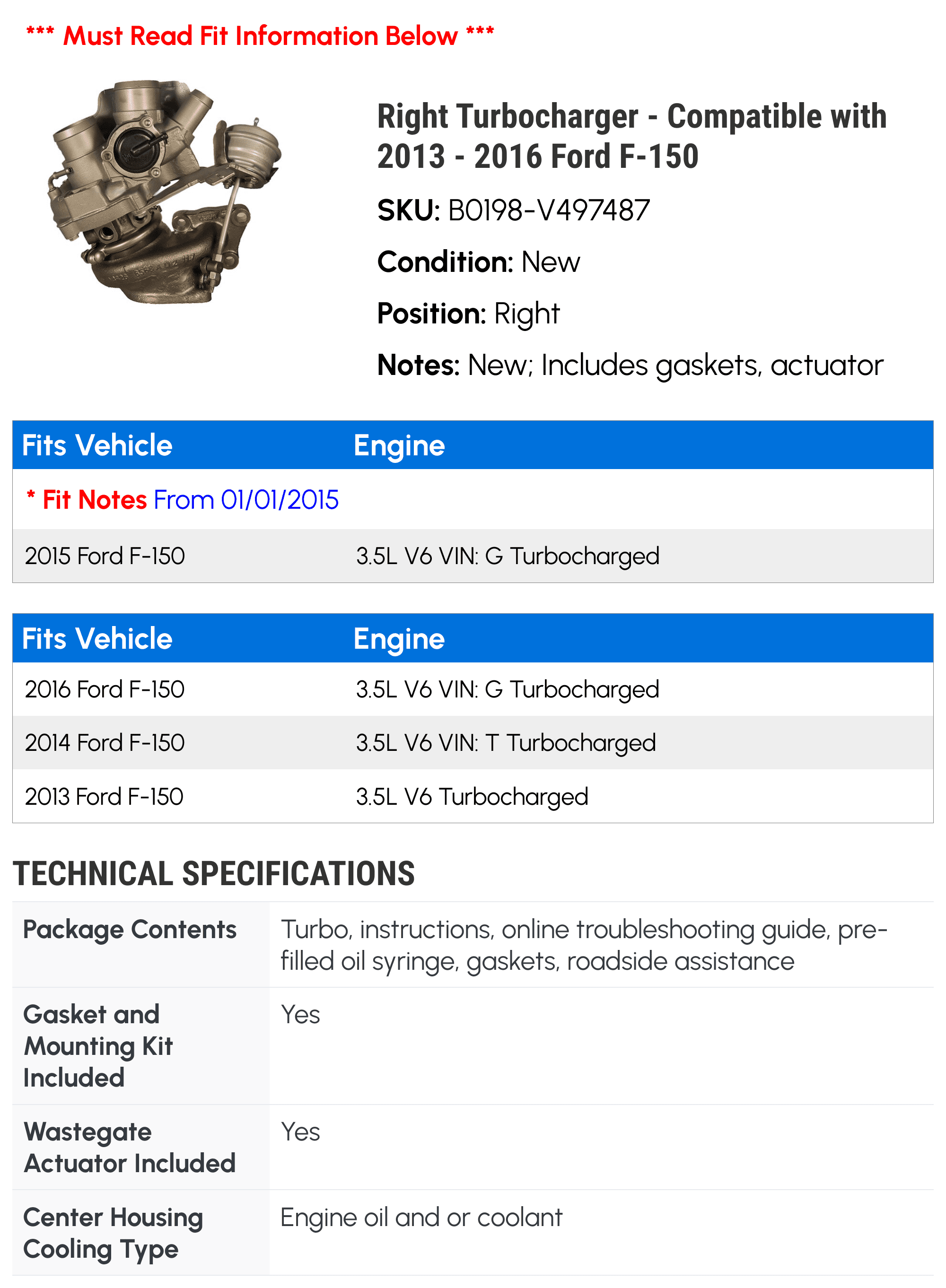 Right Turbopower adapter - Compatible with 2013 - 2016 Ford F-150 2014 2015