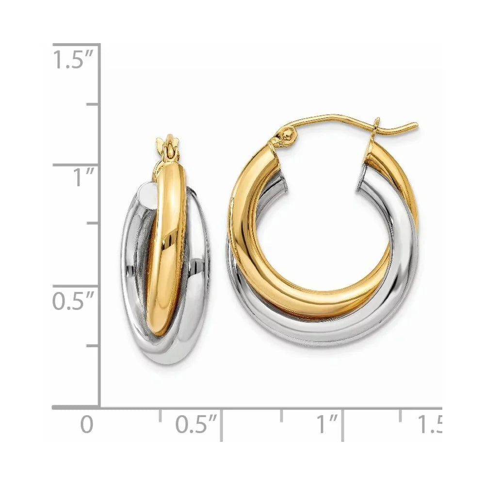 Real 14kt Two-tone Polished Double Tube Hoop Earrings; for Adults and Teens; for Women and Men