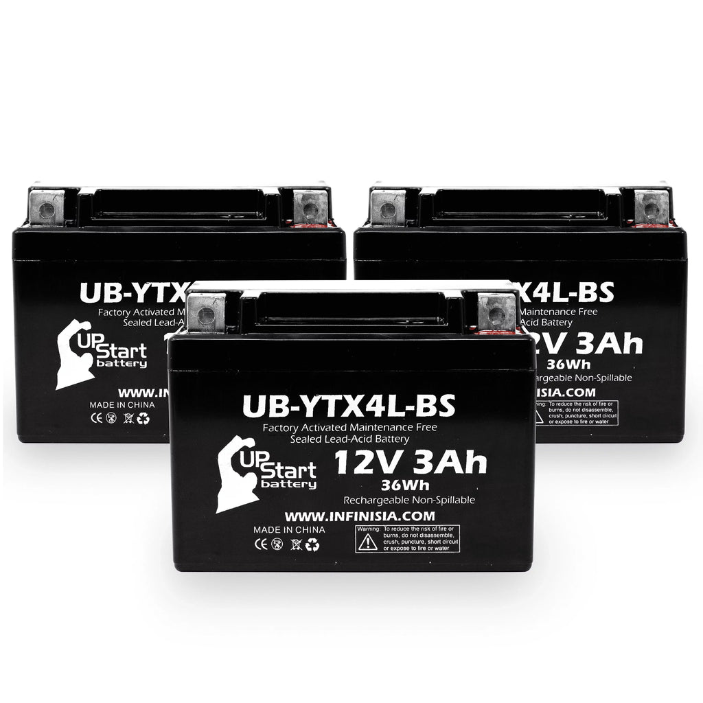 3-Pack UpStart Battery Replacement for 2002 Bombardier (Can-Am) DS90, DS90F, Quest 90CC Factory Activated, Maintenance Free, ATV Battery - 12V, 3Ah, UB-YTX4L-BS