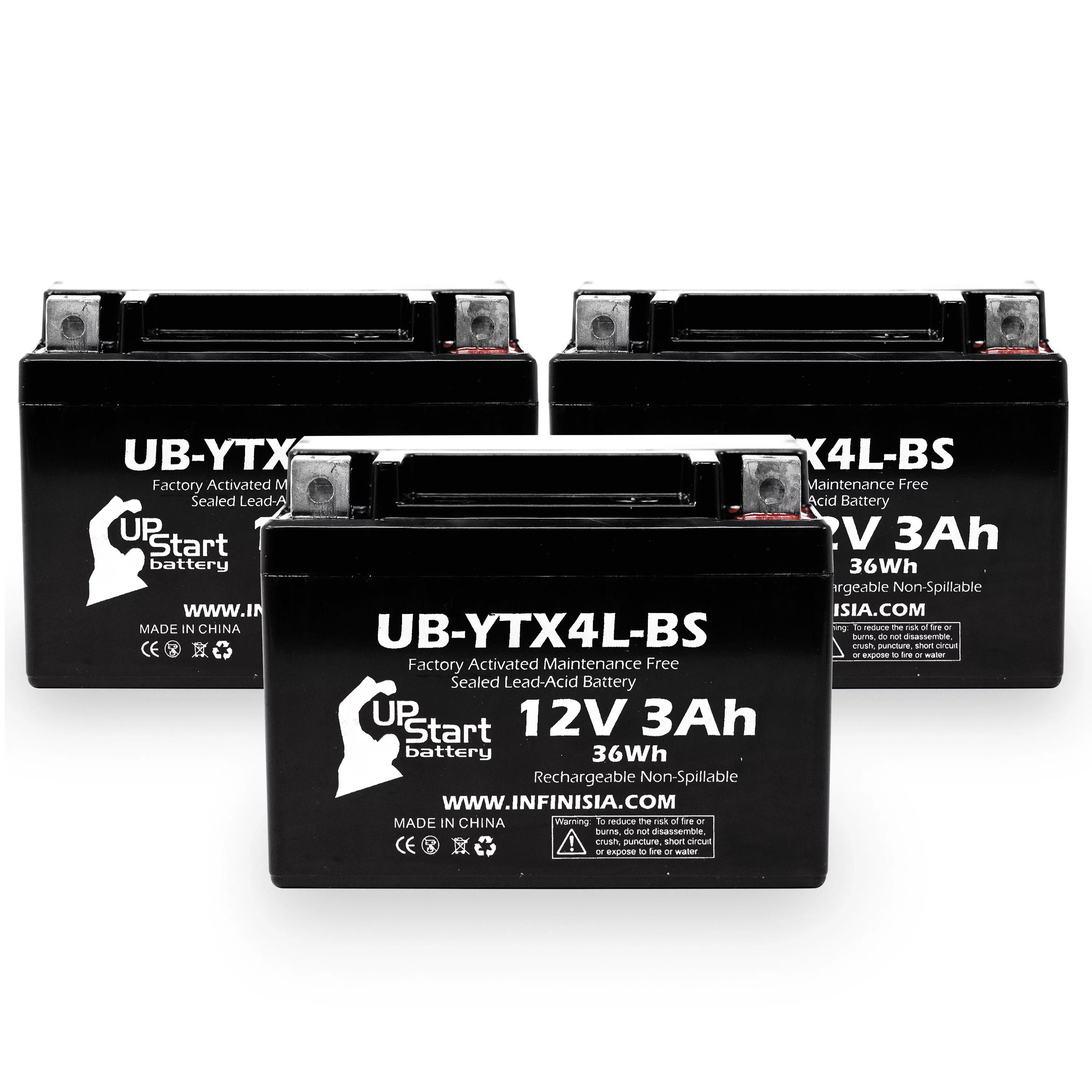 3-Pack UpStart Battery Replacement for 2002 Bombardier (Can-Am) DS90, DS90F, Quest 90CC Factory Activated, Maintenance Free, ATV Battery - 12V, 3Ah, UB-YTX4L-BS