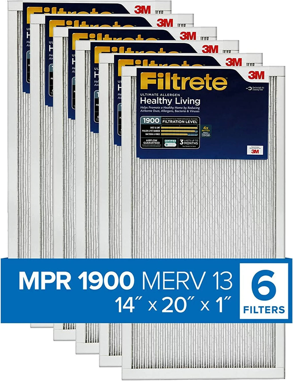 Filtrete 14x20x1, AC Furnace Air Filter, MPR 1900, Healthy Living Ultimate Allergen, 6-Pack (exact dimensions 13.81 x 19.81 x 0.78)