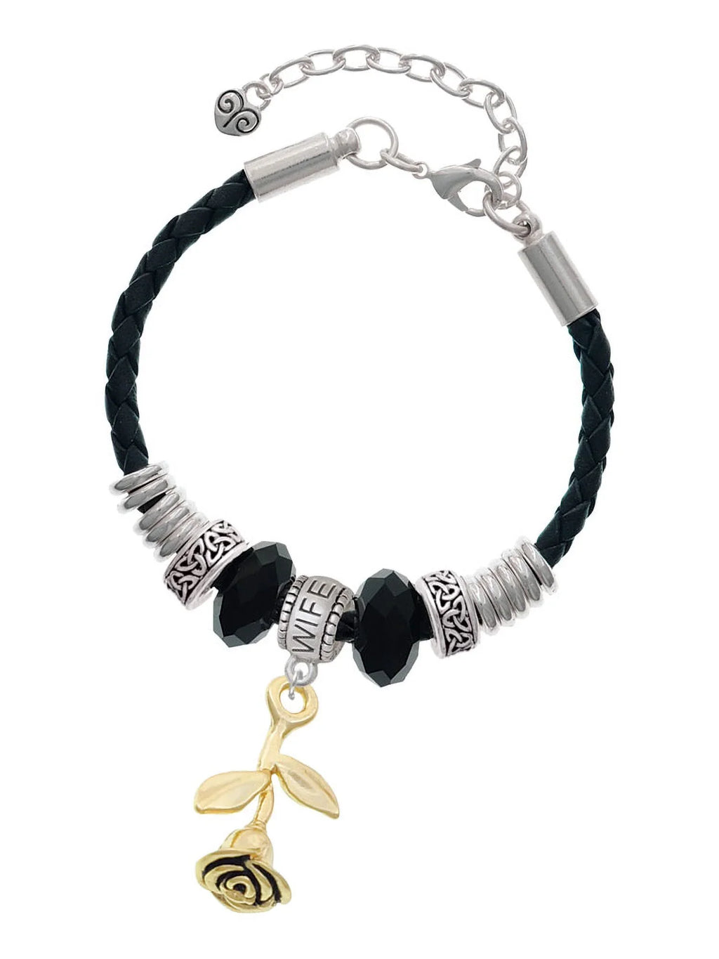 Delight Jewelry Goldtone Stemmed Rose Wife Celtic Knot Leather Bead Bracelet, 7"+2" Extender
