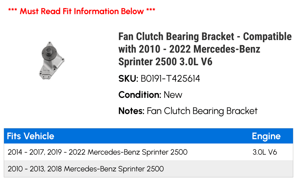 Fan Clutch Bearing Bracket - Compatible with 2010 - 2022 Mercedes-Benz Sprinter 2500 3.0L V6 2011 2012 2013 2014 2015 2016 2017 2018 2019 2020 2021