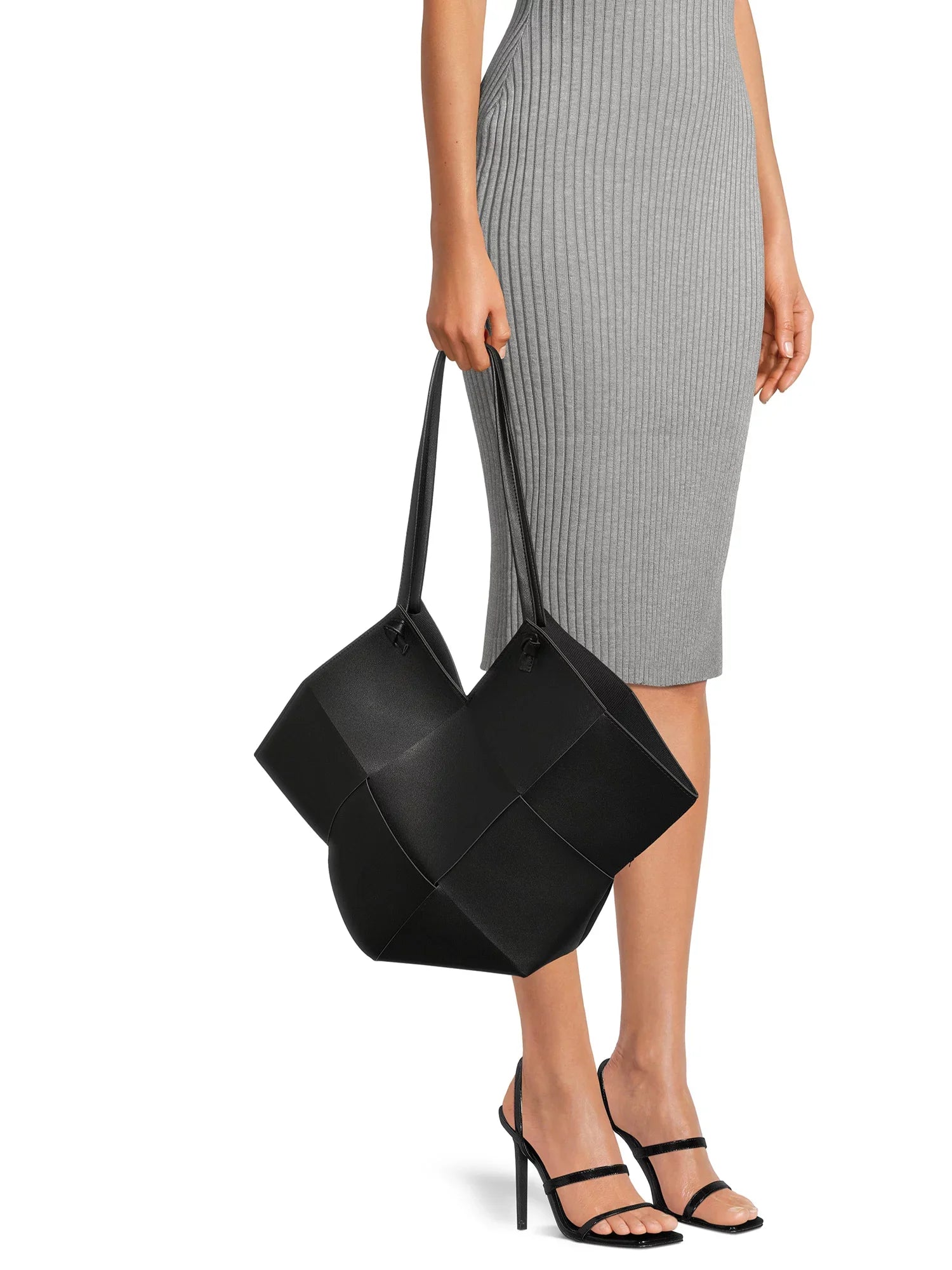 Jane & Berry Women's Large Woven Faux Leather Shoulder Bag with Pouch, Black