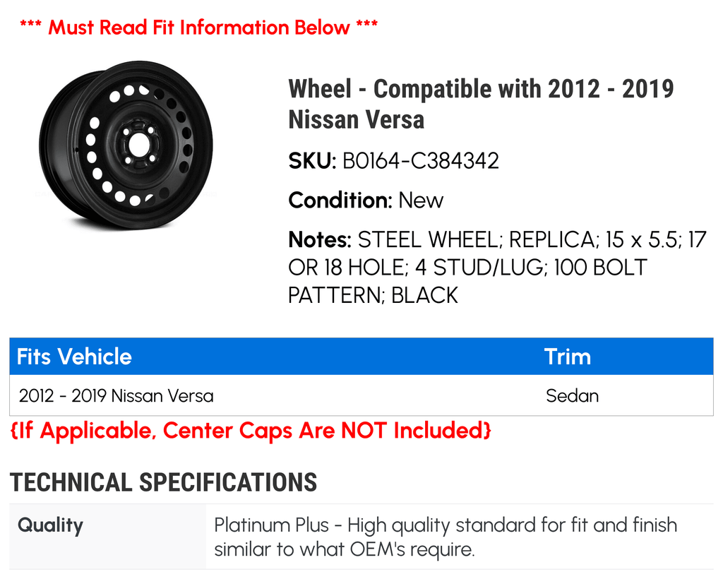 Wheel - Compatible with 2012 - 2019 Nissan Versa 2013 2014 2015 2016 2017 2018
