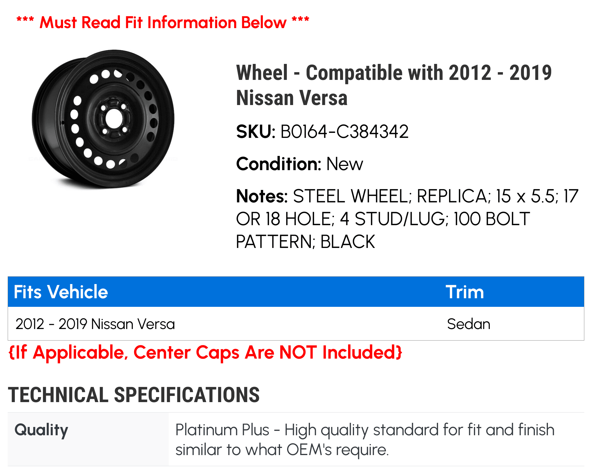 Wheel - Compatible with 2012 - 2019 Nissan Versa 2013 2014 2015 2016 2017 2018