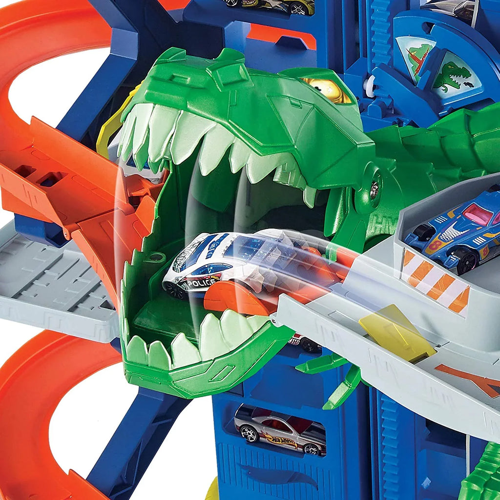 Hot Wheels City Ultimate Garage Track Set with 2 Toy Cars, Garage Playset Features Multi-Level Racetrack, Moving T-Rex Dino & Storage for 100+ 1:64 Scale Vehicles, Toy Gift for Kids 3 Years & Older
