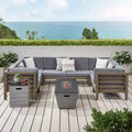 Kolten Outdoor Modern 8 Seater Acacia Wood Sectional Sofa Set with Fire Pit and Tank Holder, Gray, Dark Gray, Gloss Black,